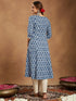 Janasya Women's Indigo Blue & Beige Pure Cotton Paisley Printed Anarkali Kurta With Palazzo Set